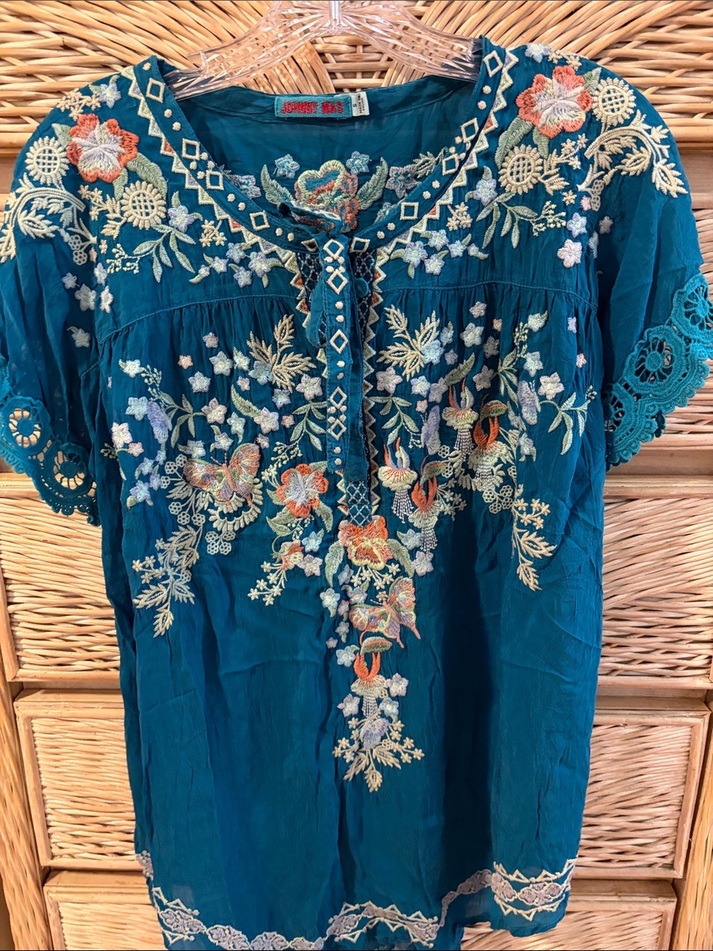 Johnny Was Teal Embroidered Floral Peasant Tunic
